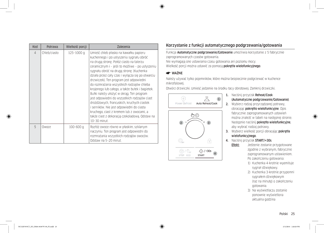 Samsung MC32K7055CT/EO manual Korzystanie z funkcji automatycznego podgrzewania/gotowania 