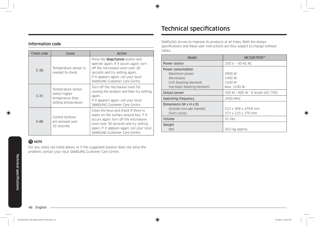 Samsung MC32K7055CT/EO manual Technical specifications, Information code 