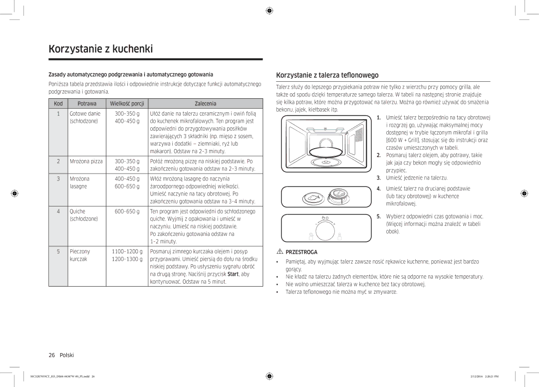 Samsung MC32K7055CT/EO manual Korzystanie z talerza teflonowego 