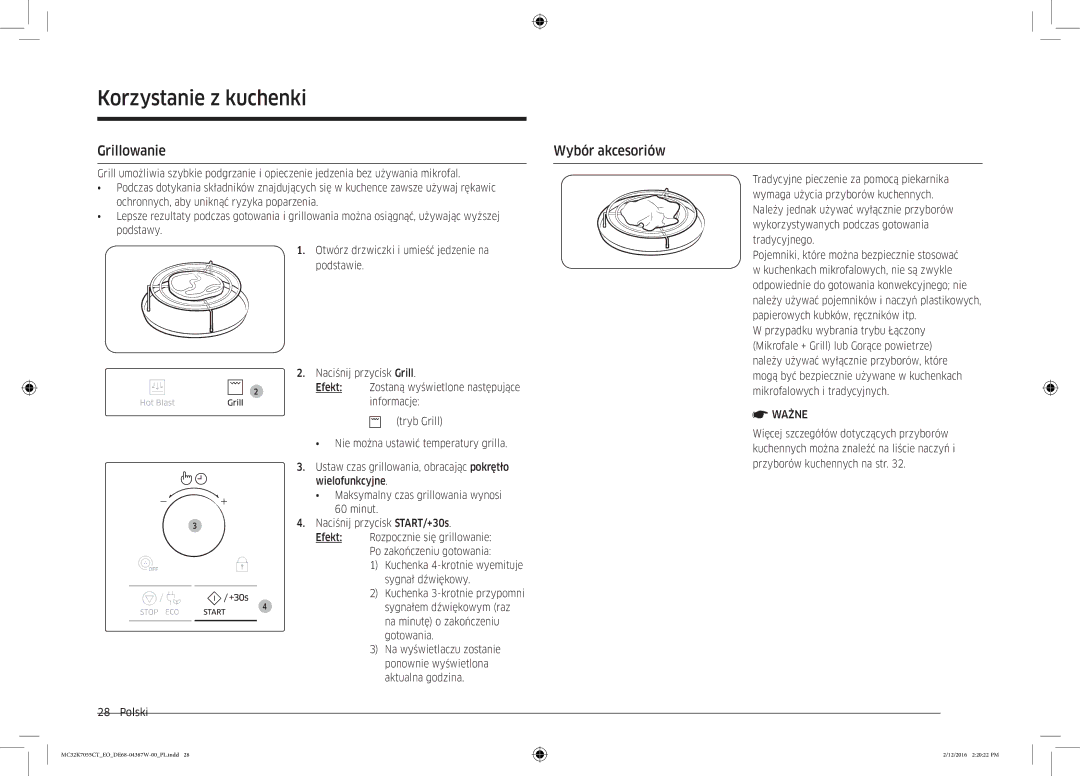 Samsung MC32K7055CT/EO manual Grillowanie Wybór akcesoriów, Ważne 