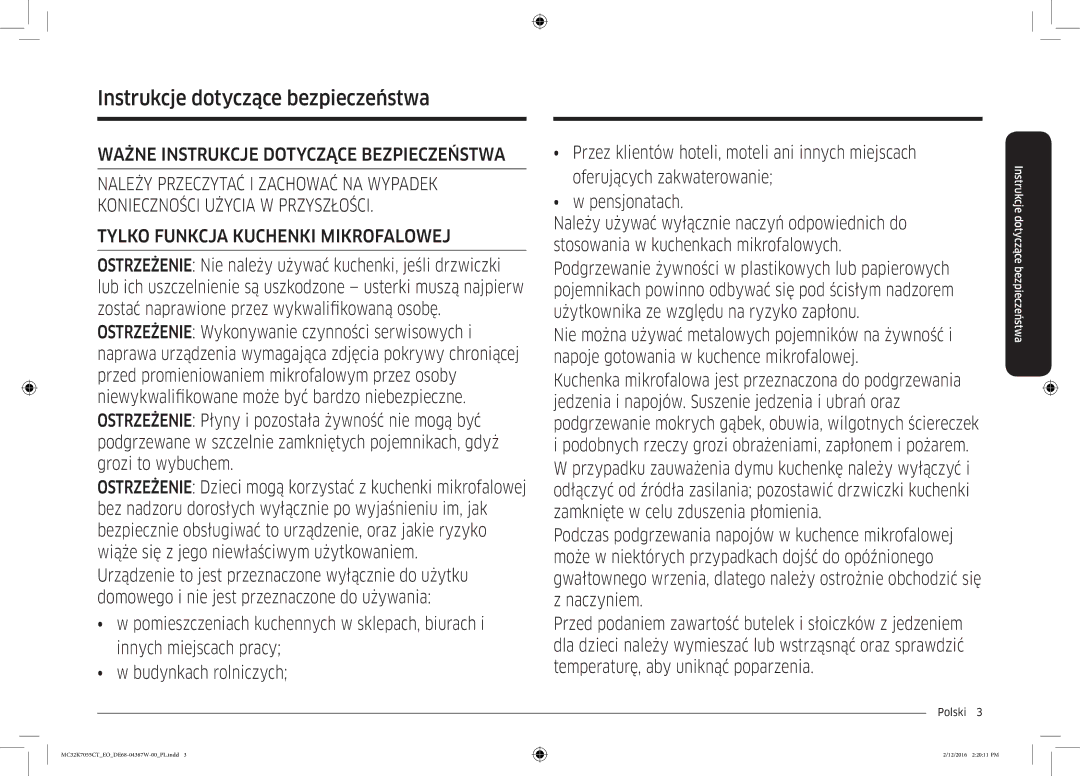 Samsung MC32K7055CT/EO manual Instrukcje dotyczące bezpieczeństwa, Polski  