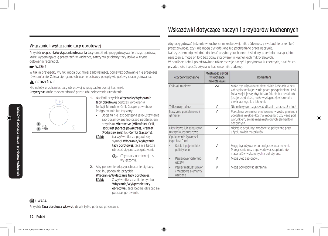 Samsung MC32K7055CT/EO manual Wskazówki dotyczące naczyń i przyborów kuchennych, Włączanie i wyłączanie tacy obrotowej 