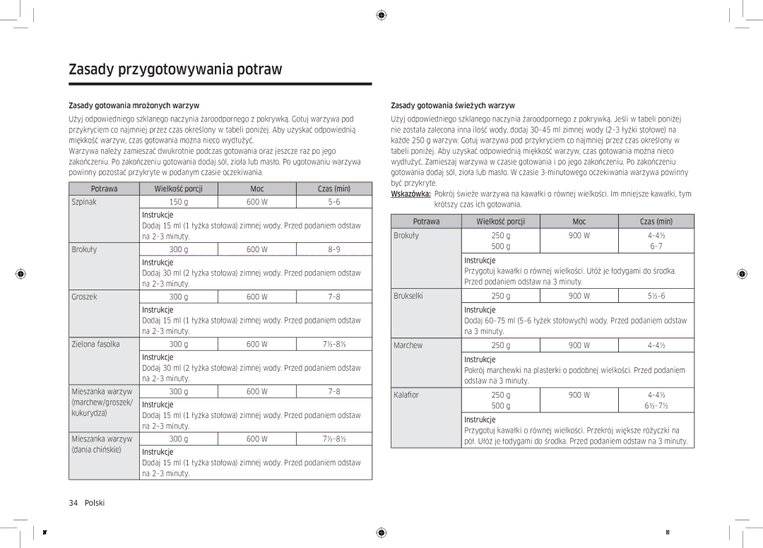 Samsung MC32K7055CT/EO manual Na 2-3 minuty Brokuły 300 g, Na 2-3 minuty Groszek 300 g, Instrukcje Kukurydza, 500 g 