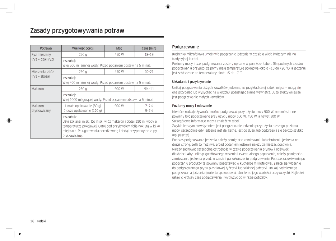 Samsung MC32K7055CT/EO manual Podgrzewanie, Potrawa Wielkość porcji Moc Czas min Ryż mieszany 250 g, Błyskawiczny 