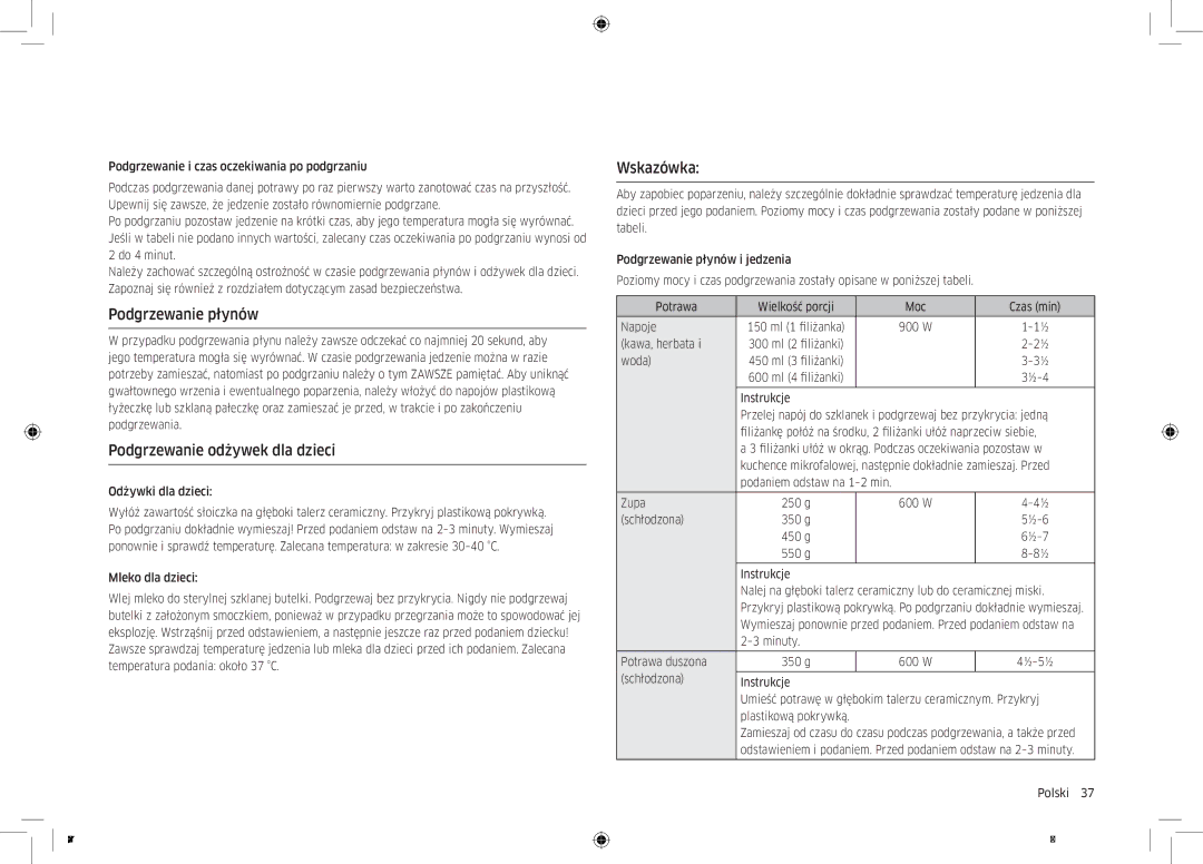 Samsung MC32K7055CT/EO manual Podgrzewanie płynów, Podgrzewanie odżywek dla dzieci, Wskazówka, Odżywki dla dzieci 