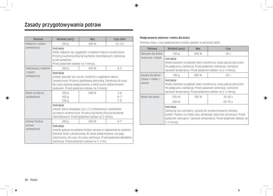 Samsung MC32K7055CT/EO Potrawa Wielkość porcji Moc Czas min Makaron z sosem 350 g, Gotowe fondue 400 g, Kaszka dla dzieci 