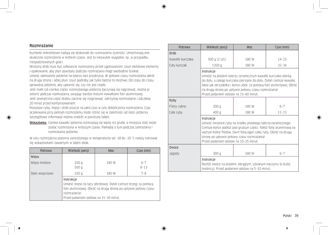 Samsung MC32K7055CT/EO manual Rozmrażanie, Steki wieprzowe, Cały kurczak 