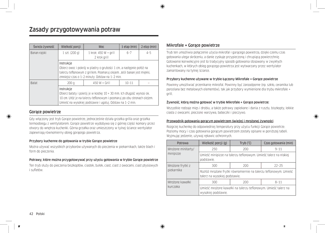 Samsung MC32K7055CT/EO manual Mikrofale + Gorące powietrze, Wielkość porcji Moc Etap min Banan rajski, Batat, Piekarnika 