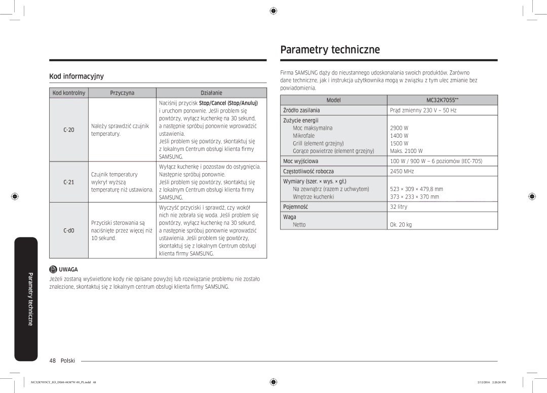 Samsung MC32K7055CT/EO manual Parametry techniczne, Kod informacyjny, Wyczyść przyciski i sprawdź, czy wokół 