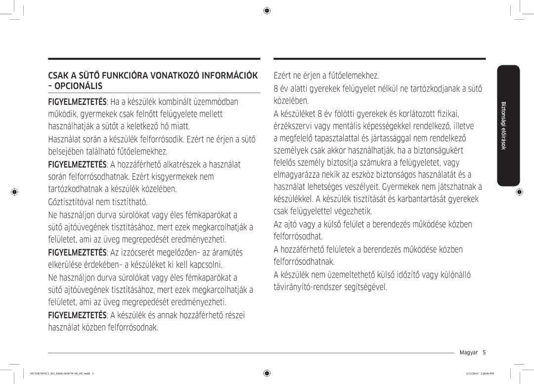 Samsung MC32K7055CT/EO manual Csak a Sütő Funkcióra Vonatkozó Információk Opcionális 