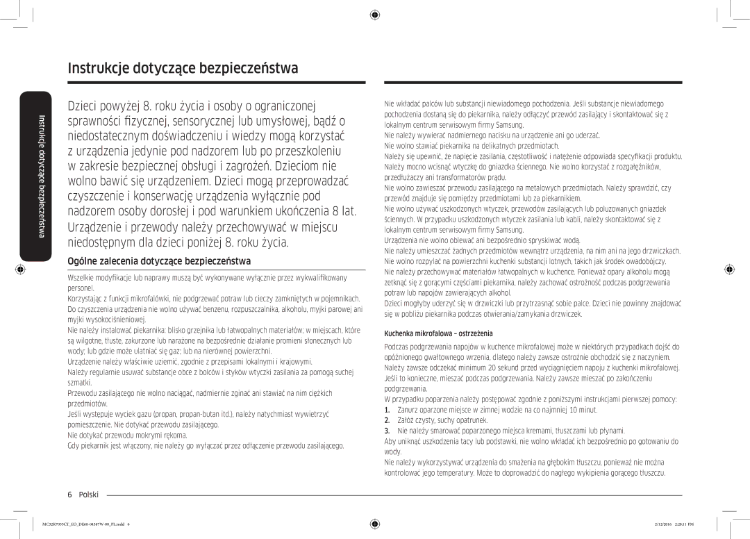 Samsung MC32K7055CT/EO manual Ogólne zalecenia dotyczące bezpieczeństwa 