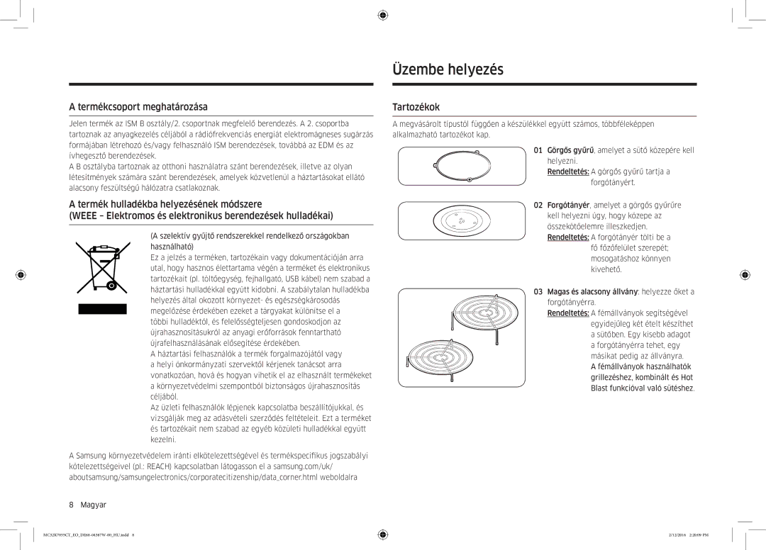 Samsung MC32K7055CT/EO manual Üzembe helyezés, Termékcsoport meghatározása, Tartozékok 