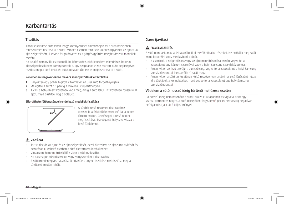 Samsung MC32K7055CT/EO manual Karbantartás, Tisztítás, Csere javítás, Védelem a sütő hosszú ideig történő mellőzése esetén 