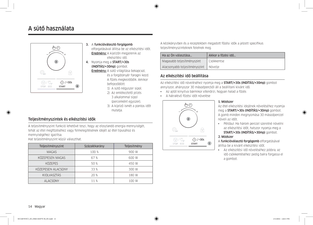 Samsung MC32K7055CT/EO manual Teljesítményszintek és elkészítési idők, Az elkészítési idő beállítása 