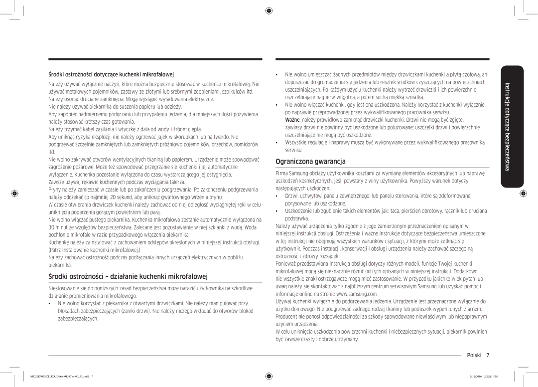 Samsung MC32K7055CT/EO manual Środki ostrożności działanie kuchenki mikrofalowej, Ograniczona gwarancja 