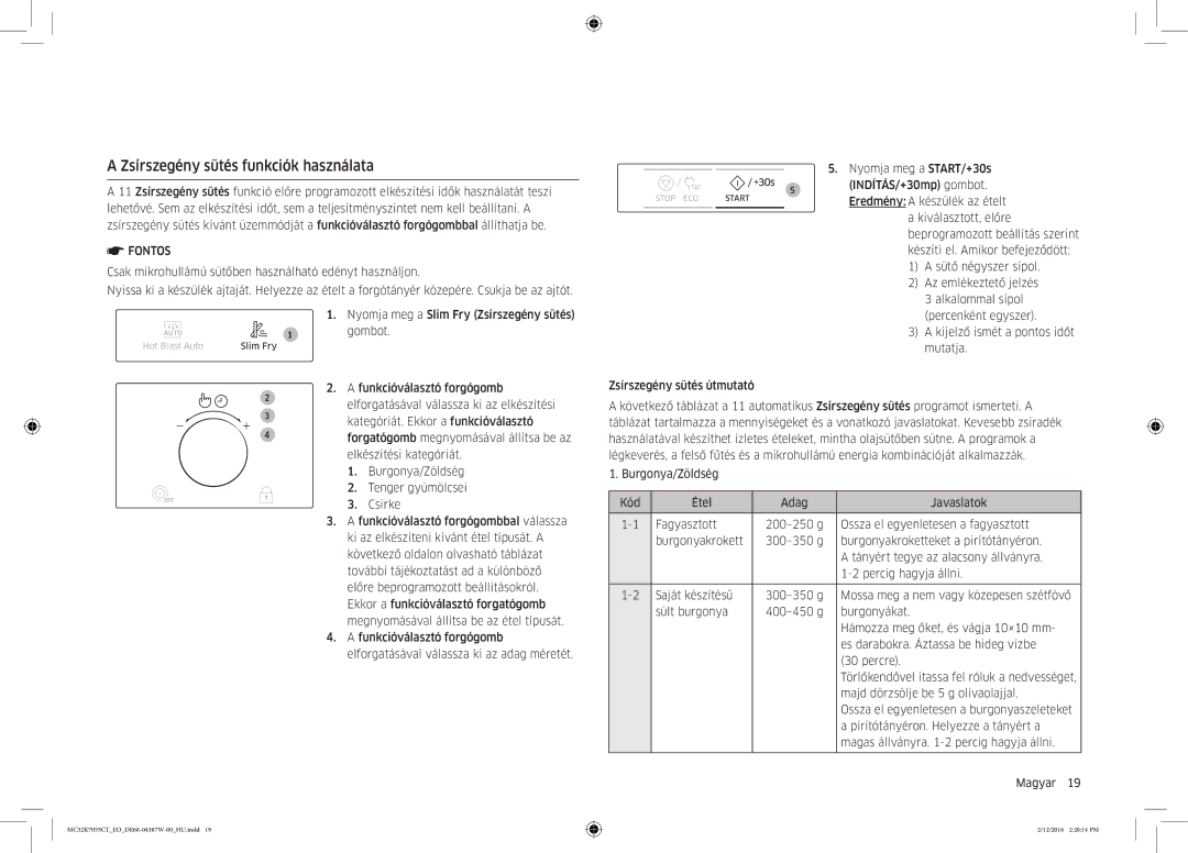 Samsung MC32K7055CT/EO manual Zsírszegény sütés funkciók használata 