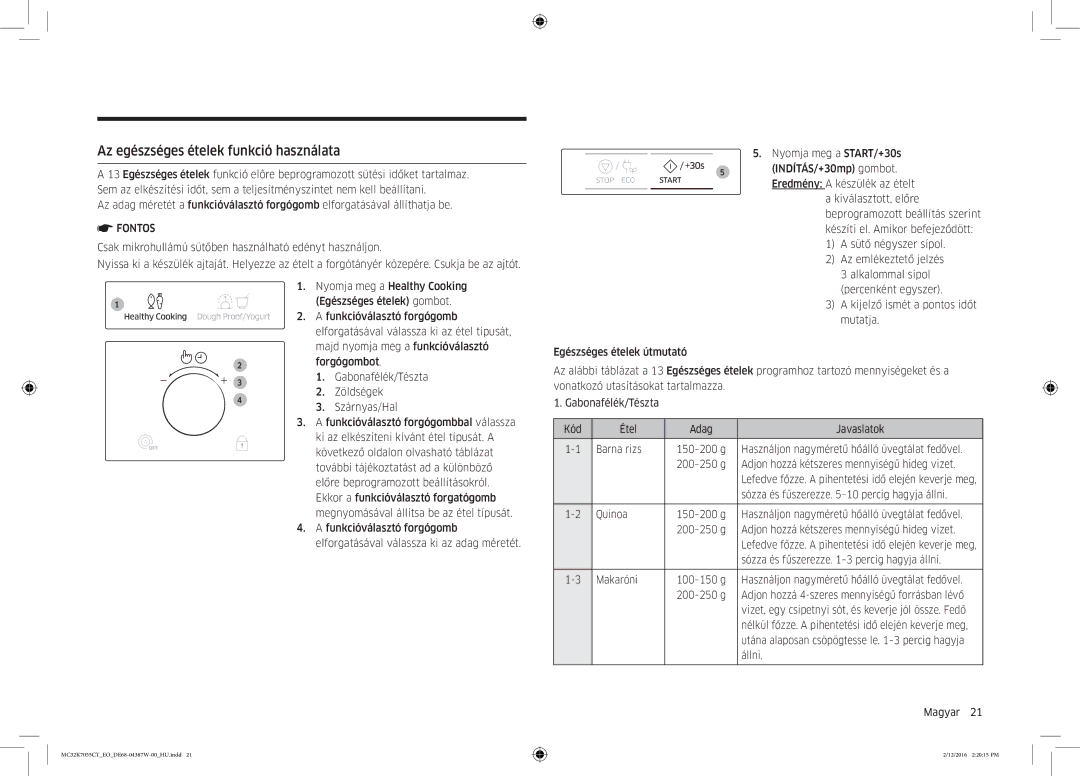 Samsung MC32K7055CT/EO manual Az egészséges ételek funkció használata 