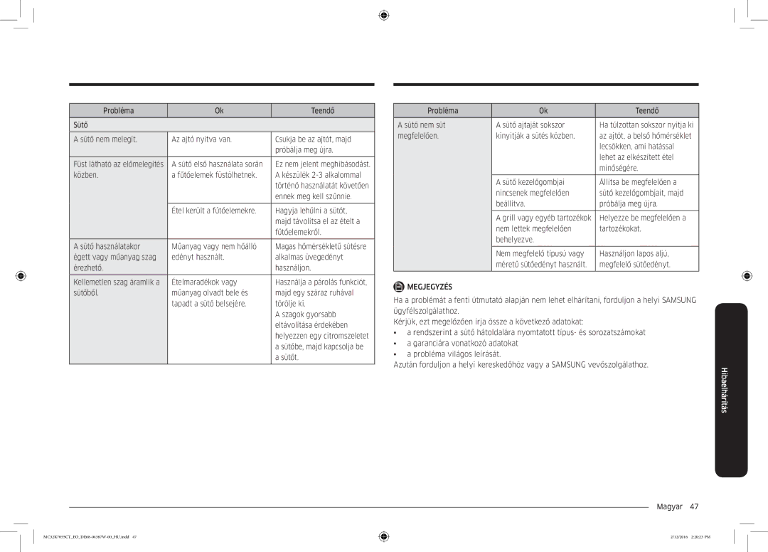 Samsung MC32K7055CT/EO manual Közben Fűtőelemek füstölhetnek Készülék 2-3 alkalommal, Sütőbe, majd kapcsolja be, Sütőt 