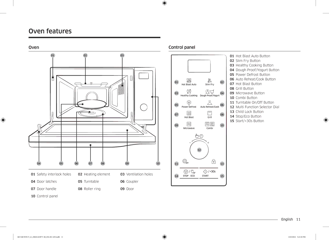 Samsung MC32K7055CT/LI manual Oven Control panel 