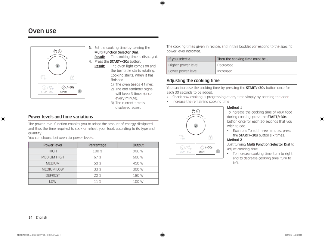 Samsung MC32K7055CT/LI manual Power levels and time variations, Adjusting the cooking time 