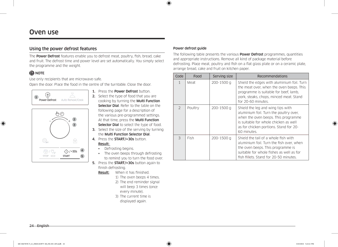 Samsung MC32K7055CT/LI manual Using the power defrost features 