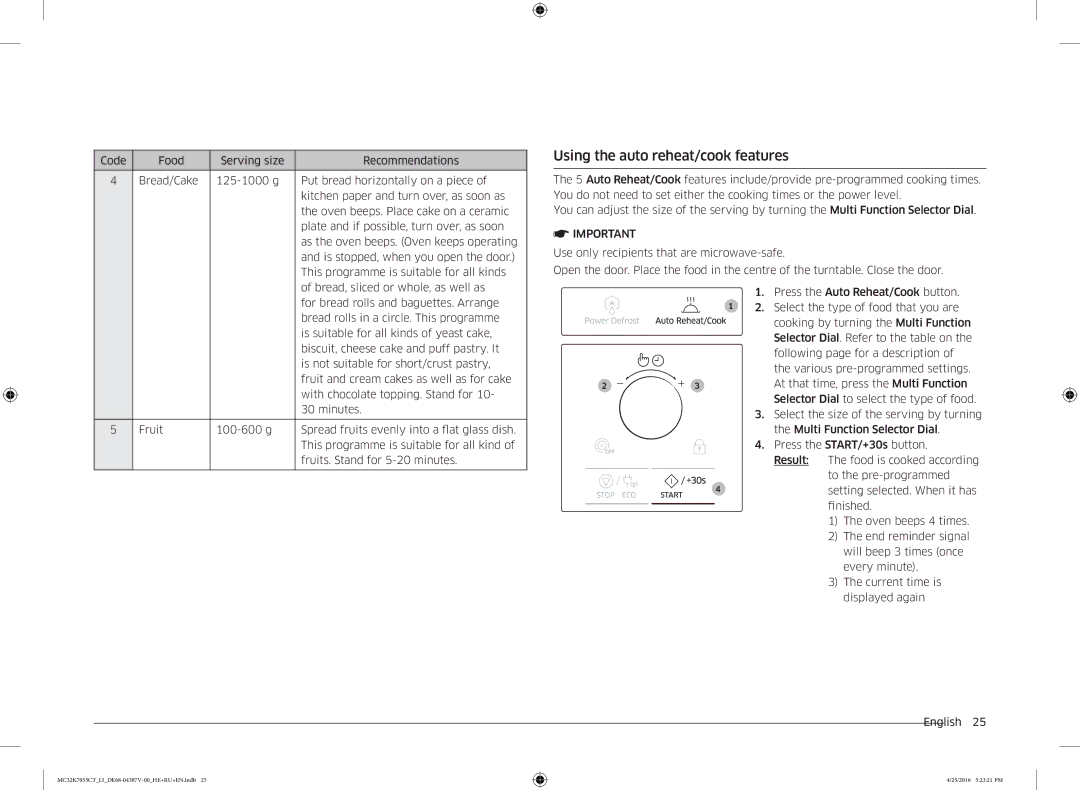 Samsung MC32K7055CT/LI manual Using the auto reheat/cook features 