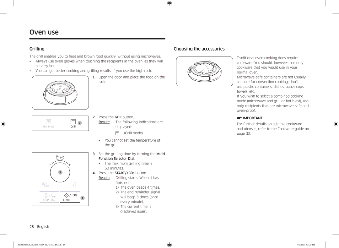 Samsung MC32K7055CT/LI manual Grilling Choosing the accessories 