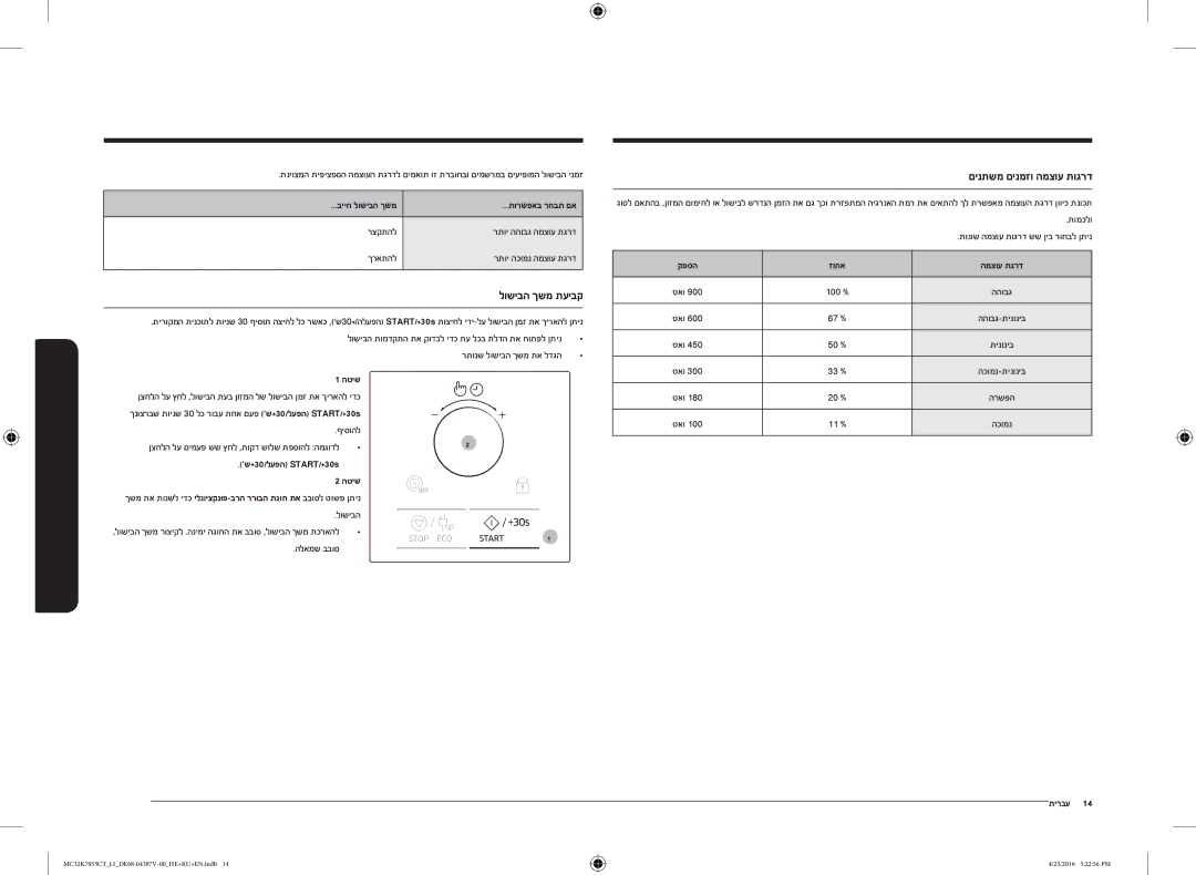 Samsung MC32K7055CT/LI manual שימוש במיקרוגל, לושיבה ךשמ תעיבק, םינתשמ םינמזו המצוע תוגרד 