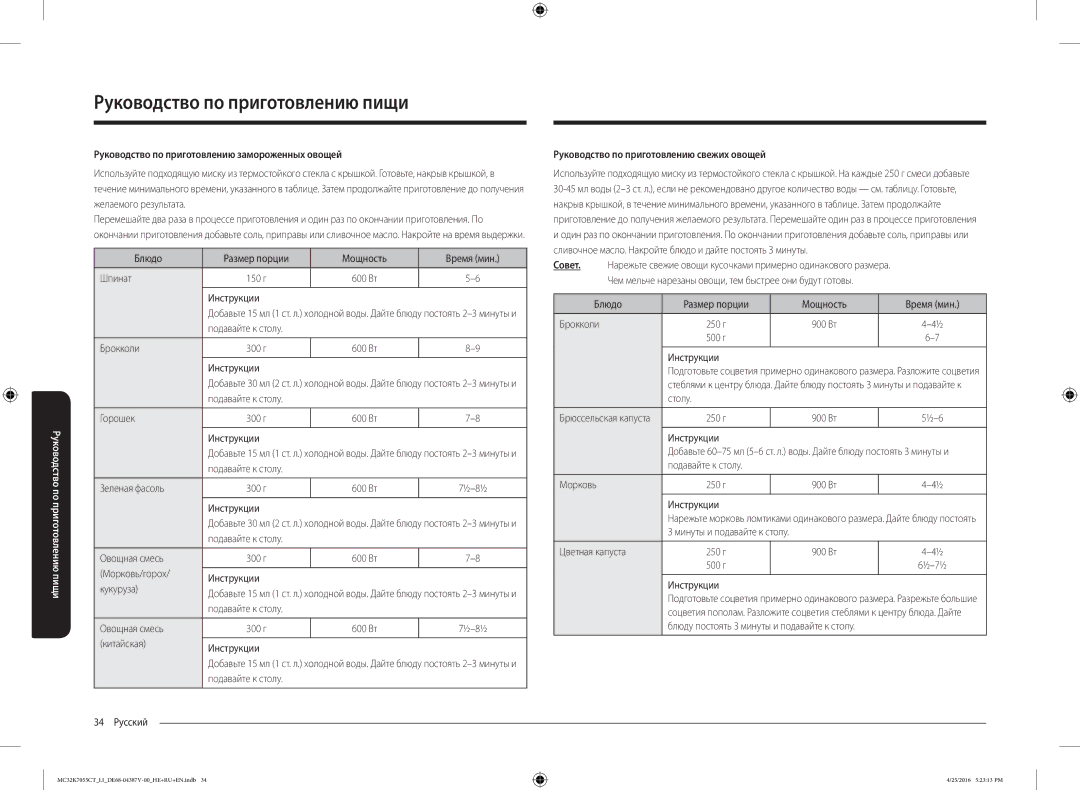 Samsung MC32K7055CT/LI manual Руководство по приготовлению замороженных овощей, Руководство по приготовлению свежих овощей 