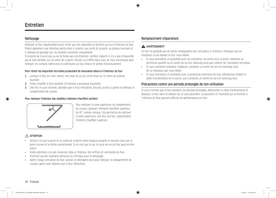 Samsung MC32K7055CW/EF, MC32K7055CK/EF manual Entretien, Nettoyage, Remplacement réparation 