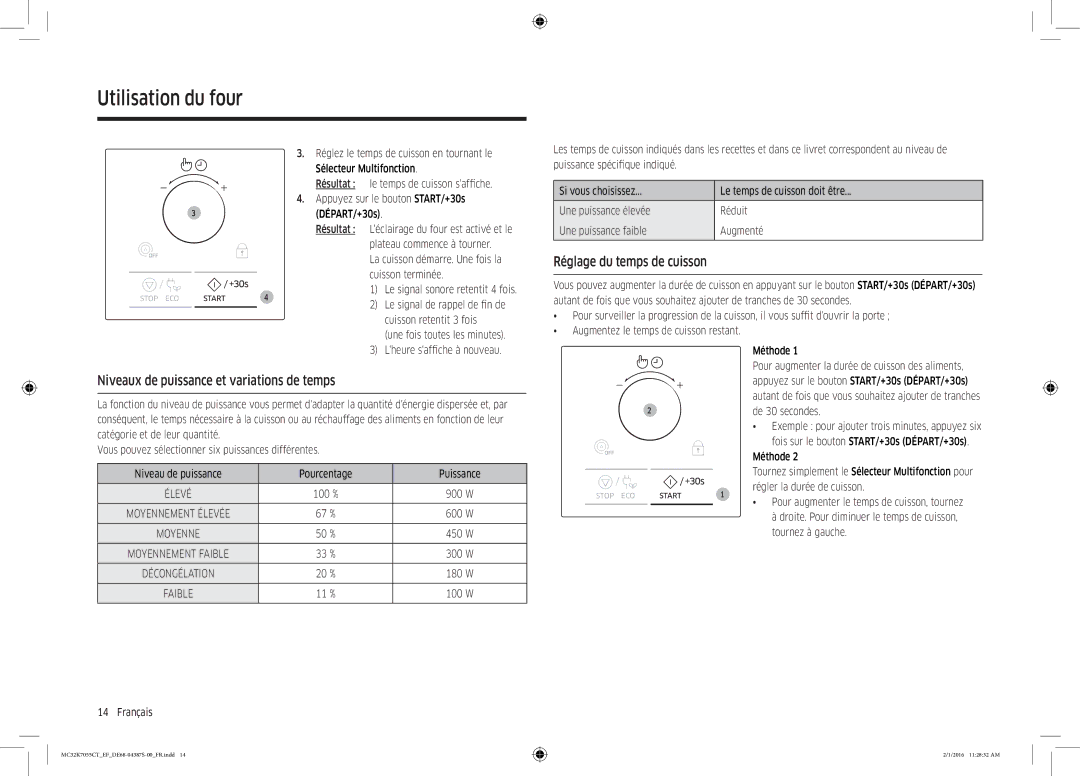 Samsung MC32K7055CW/EF, MC32K7055CK/EF manual Niveaux de puissance et variations de temps, Réglage du temps de cuisson 