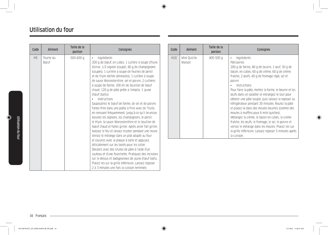 Samsung MC32K7055CW/EF manual Tourte Au, Bœuf, Soupe de farine, 100 ml de bouillon de bœuf, Dœuf battu, Mini Quiche, Poivre 
