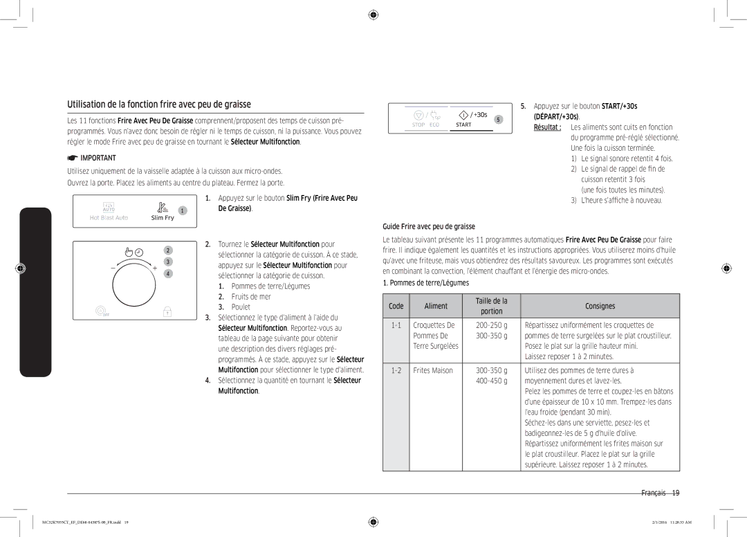 Samsung MC32K7055CK/EF, MC32K7055CW/EF manual Utilisation de la fonction frire avec peu de graisse 