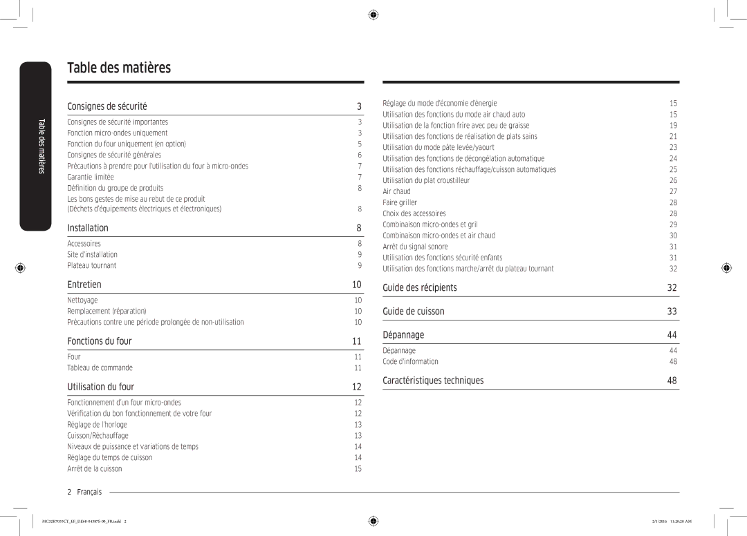 Samsung MC32K7055CW/EF, MC32K7055CK/EF manual Table des matières 