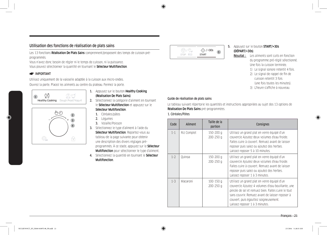 Samsung MC32K7055CK/EF, MC32K7055CW/EF manual Utilisation des fonctions de réalisation de plats sains 