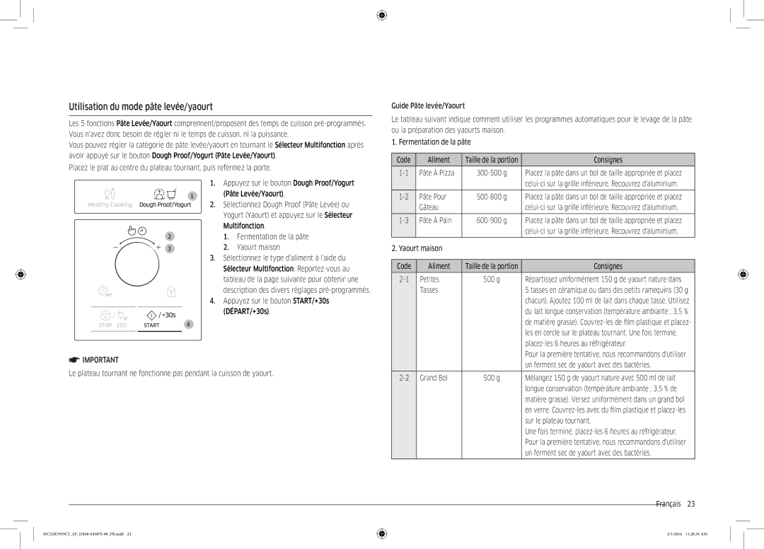 Samsung MC32K7055CK/EF, MC32K7055CW/EF manual Utilisation du mode pâte levée/yaourt 