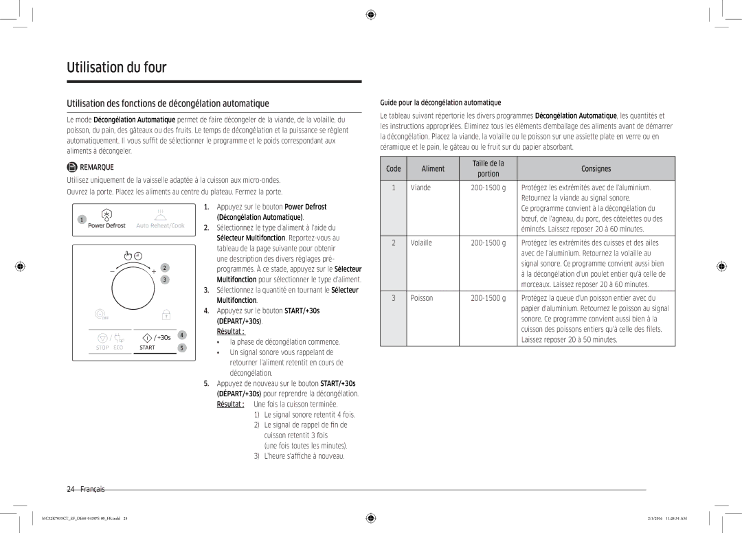 Samsung MC32K7055CW/EF, MC32K7055CK/EF manual Utilisation des fonctions de décongélation automatique 