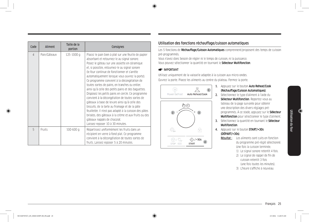 Samsung MC32K7055CK/EF, MC32K7055CW/EF manual Utilisation des fonctions réchauffage/cuisson automatiques 