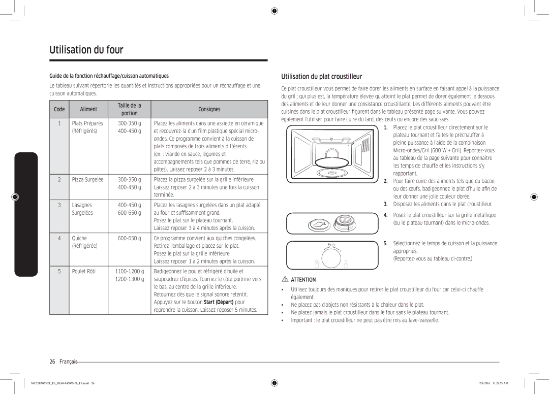 Samsung MC32K7055CW/EF, MC32K7055CK/EF manual Utilisation du plat croustilleur 