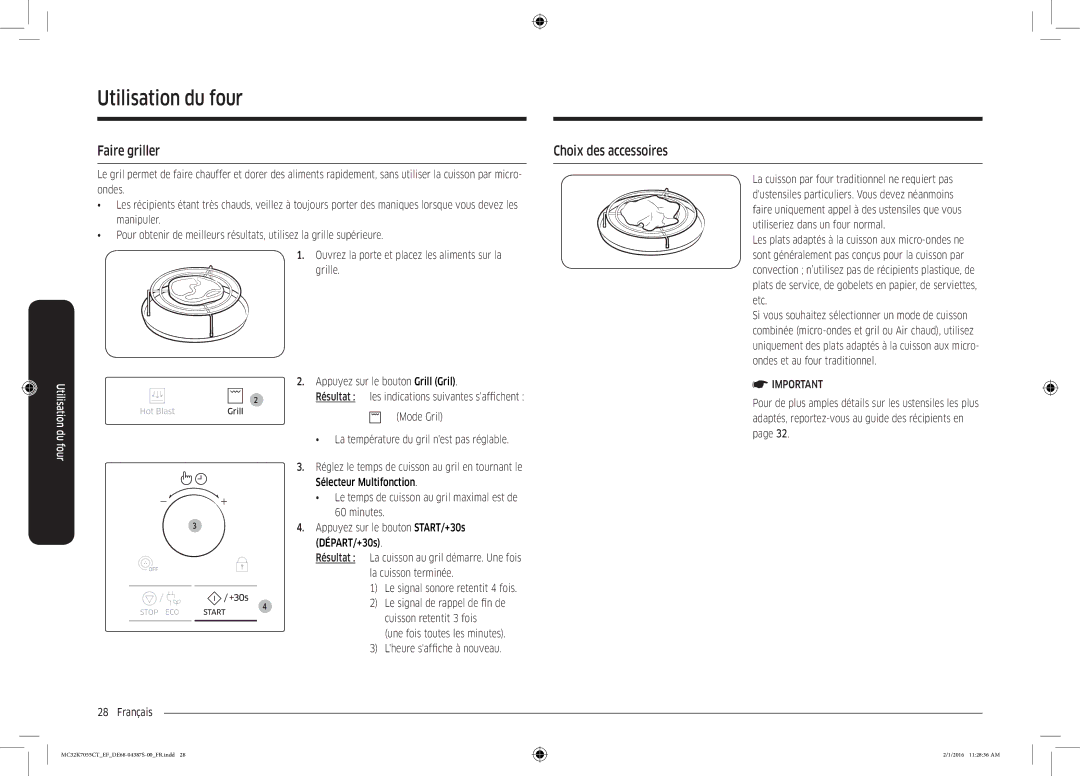 Samsung MC32K7055CW/EF, MC32K7055CK/EF manual Faire griller, Choix des accessoires 