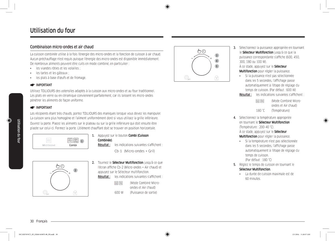 Samsung MC32K7055CW/EF, MC32K7055CK/EF manual Combinaison micro-ondes et air chaud, Ondes et Air chaud 