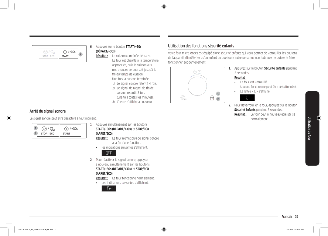 Samsung MC32K7055CK/EF Utilisation des fonctions sécurité enfants, Arrêt du signal sonore, Appropriée, puis la cuisson aux 