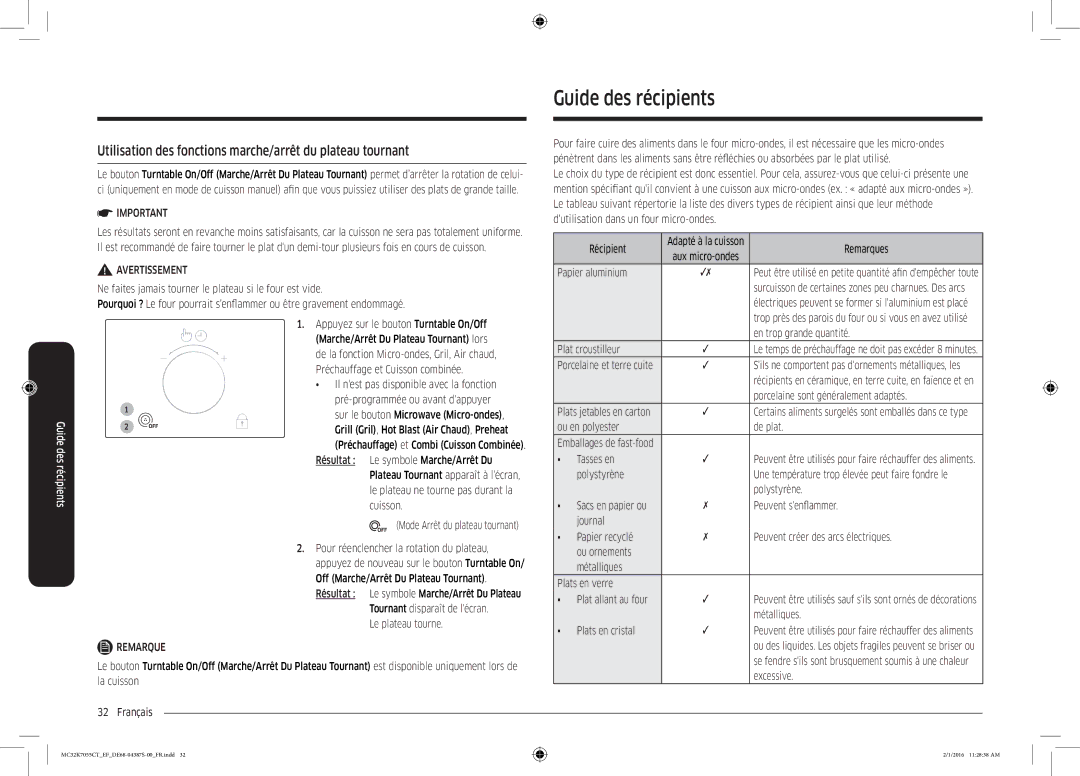 Samsung MC32K7055CW/EF, MC32K7055CK/EF Guide des récipients, Utilisation des fonctions marche/arrêt du plateau tournant 