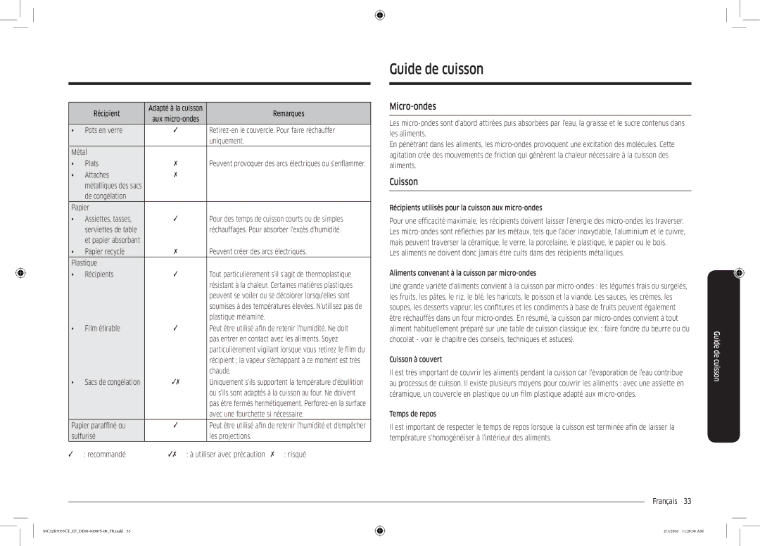 Samsung MC32K7055CK/EF, MC32K7055CW/EF manual Guide de cuisson, Micro-ondes, Cuisson 