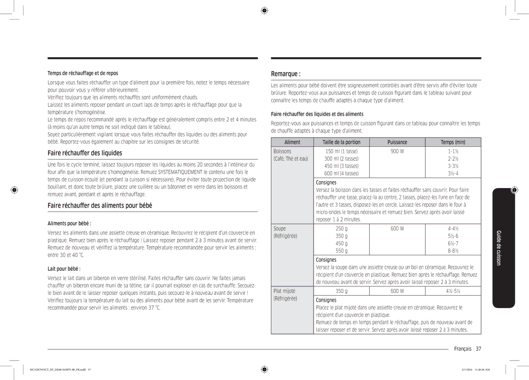 Samsung MC32K7055CK/EF, MC32K7055CW/EF Faire réchauffer des liquides, Faire réchauffer des aliments pour bébé, Remarque 