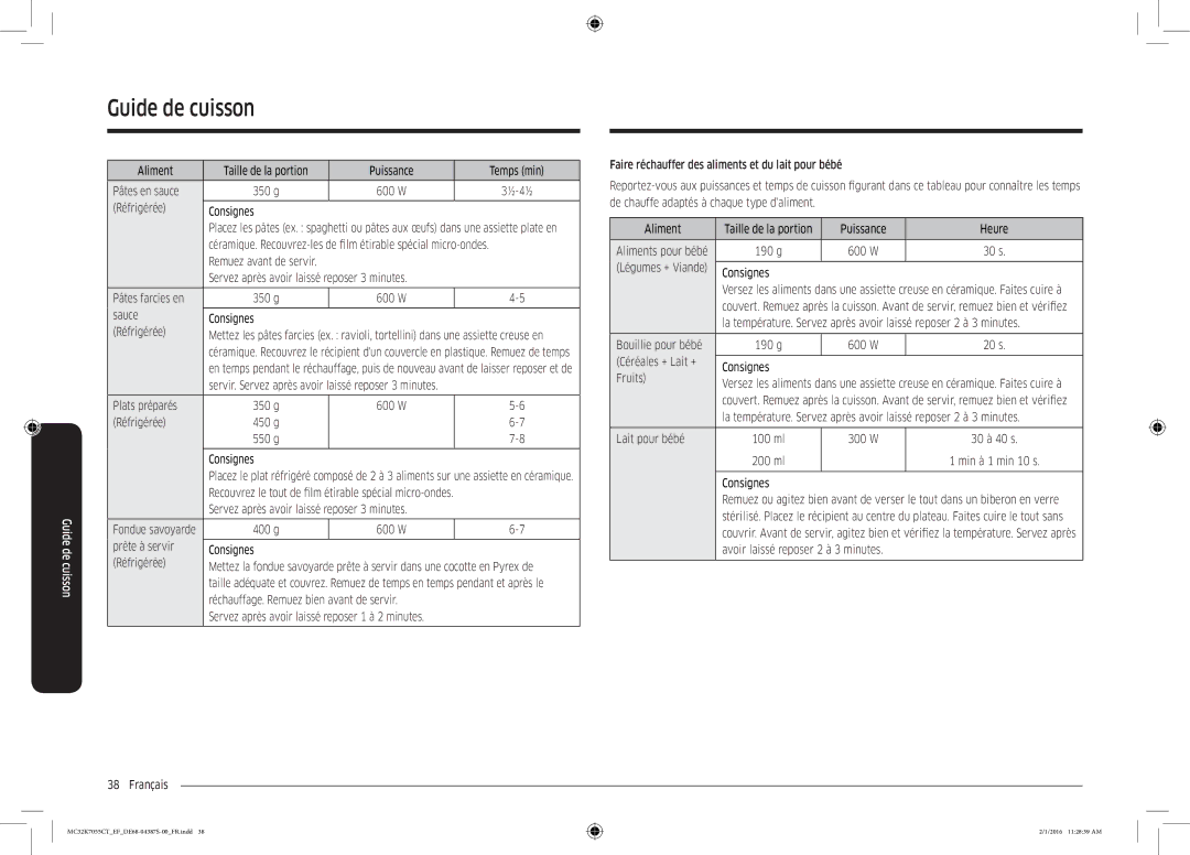 Samsung MC32K7055CW/EF manual Sauce Consignes Réfrigérée, Plats préparés 350 g, Réfrigérée 450 g 550 g Consignes, 400 g 