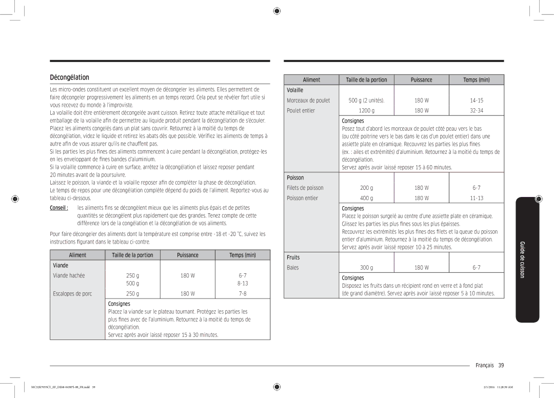 Samsung MC32K7055CK/EF, MC32K7055CW/EF manual Décongélation, Escalopes de porc, Poulet entier 