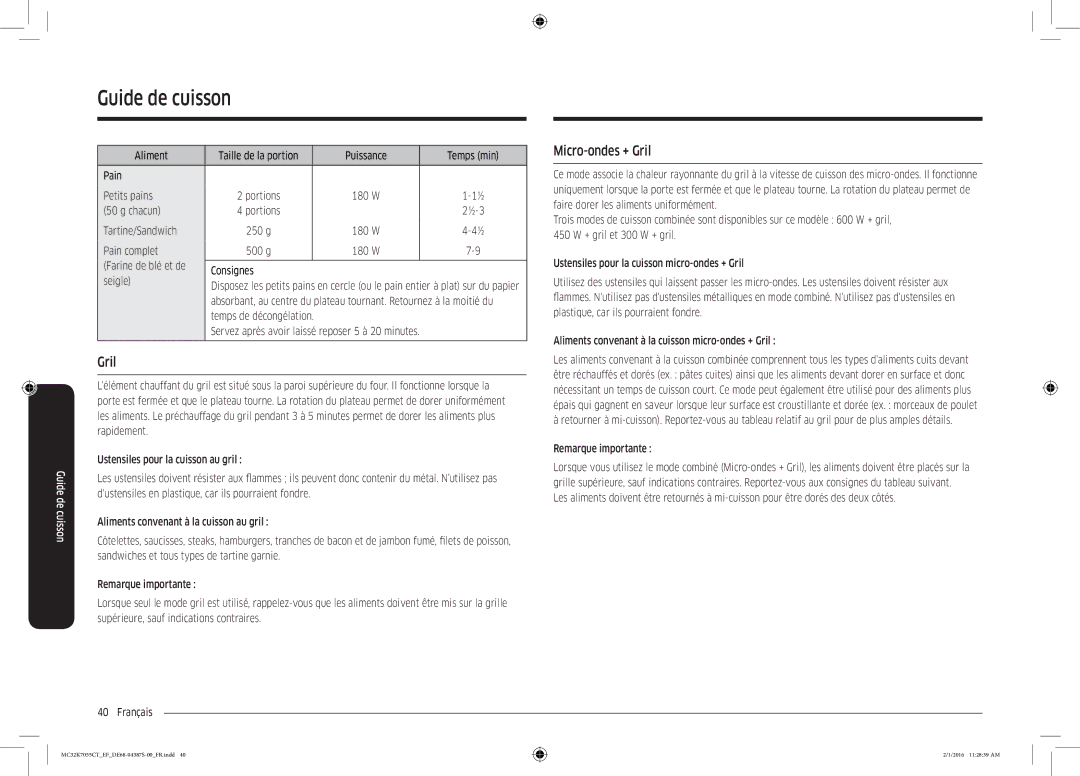 Samsung MC32K7055CW/EF, MC32K7055CK/EF manual Micro-ondes + Gril 