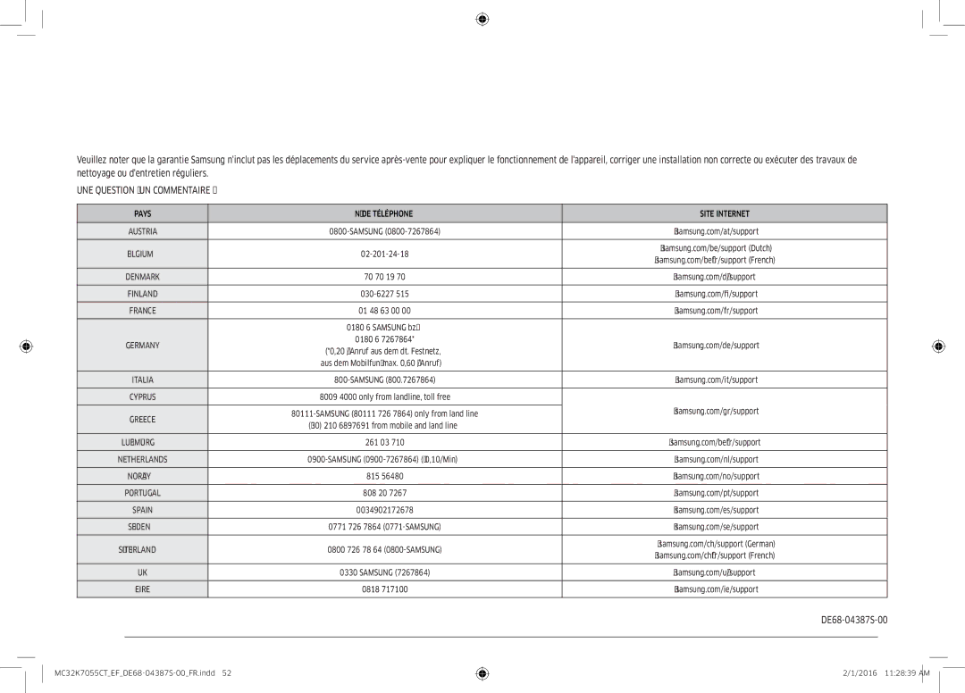 Samsung MC32K7055CW/EF, MC32K7055CK/EF manual UNE Question ? UN Commentaire ?, DE68-04387S-00 