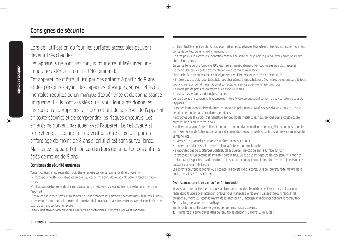 Samsung MC32K7055CW/EF, MC32K7055CK/EF manual Consignes de sécurité générales 